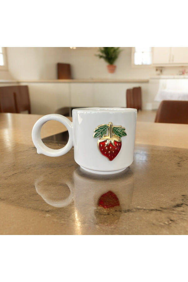 Cylinder Embossed Strawberry Ceramic Mug Double Coffee Cup - 7