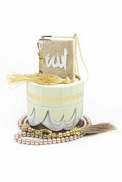 Cylinder Kaaba Mini Velvet Covered Quran with Cream Pearl Prayer Beads Set - 1