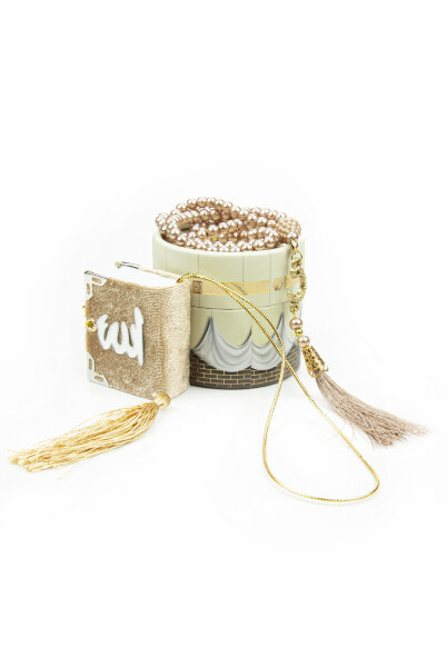 Cylinder Kaaba Mini Velvet Covered Quran with Cream Pearl Prayer Beads Set - 2