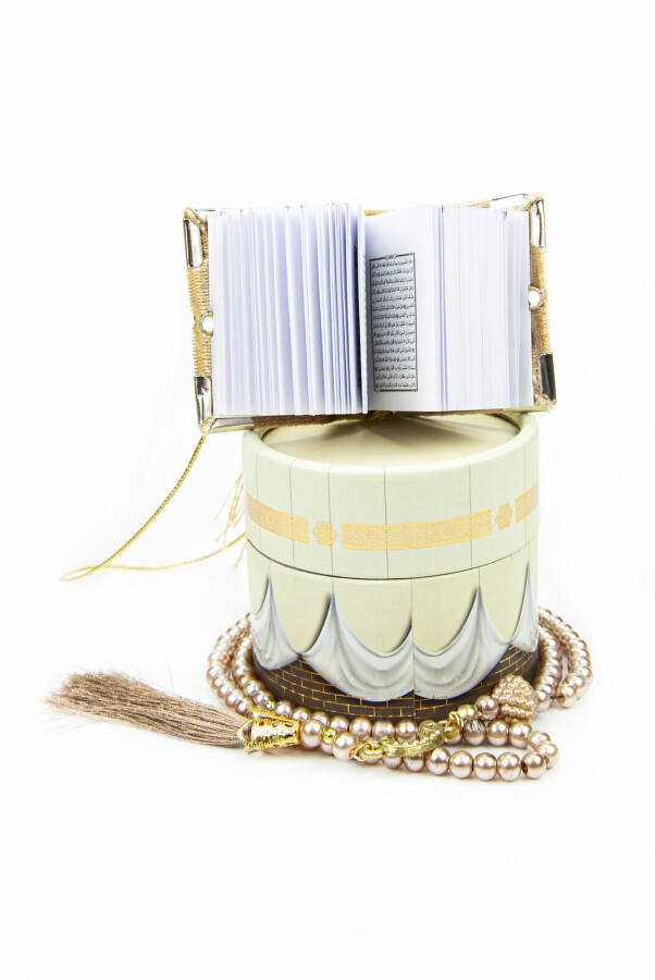 Cylinder Kaaba Mini Velvet Covered Quran with Cream Pearl Prayer Beads Set - 5