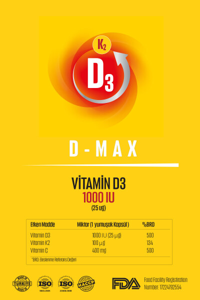 D-max Vitamin D3k2 Vitamin C 30 dona yumshoq jel kapsulasida yuqori so'rilishiga ega formulasi bilan - 20