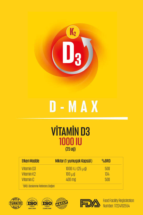 D-max Vitamin D3k2 Vitamin C 30 dona yumshoq jel kapsulasida yuqori so'rilishiga ega formulasi bilan - 9