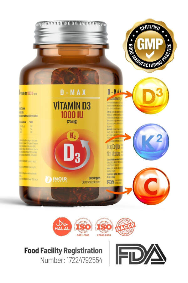 D-max Vitamin D3k2 Vitamin C İçerikli 30 Adet Soft Jel Kapsül Yüksek Emilim Düzeyine Sahip Formül - 1