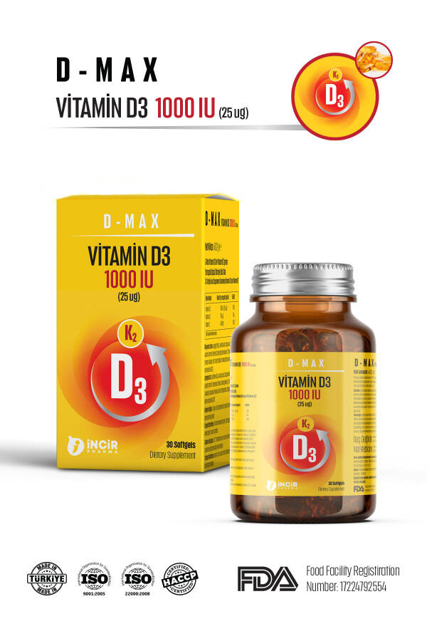 D-max Vitamin D3k2 Vitamin C İçerikli 30 Adet Soft Jel Kapsül Yüksek Emilim Düzeyine Sahip Formül - 3