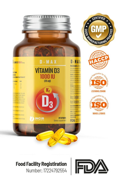 D-max Vitamin D3k2 Vitamin C İçerikli 30 Adet Soft Jel Kapsül Yüksek Emilim Düzeyine Sahip Formül - 6