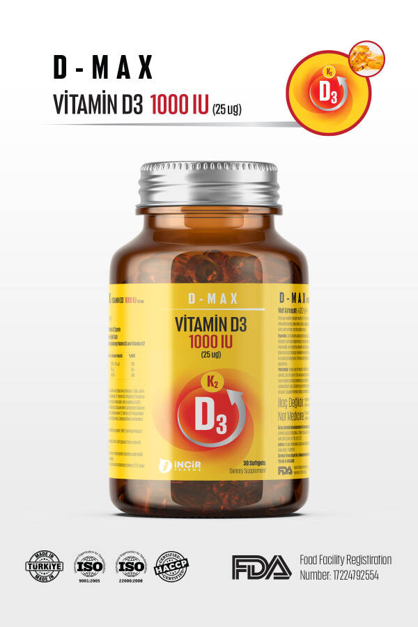 D-max Vitamin D3k2 Vitamin C İçerikli 30 Adet Soft Jel Kapsül Yüksek Emilim Düzeyine Sahip Formül - 7