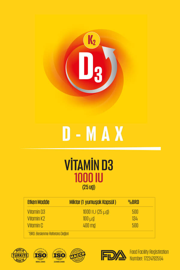 D-max Vitamin D3k2 Vitamin C İçerikli 30 Adet Soft Jel Kapsül Yüksek Emilim Düzeyine Sahip Formül - 8