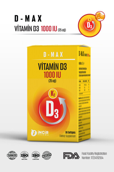 D-max Vitamin D3k2 Vitamin C İçerikli 30 Adet Soft Jel Kapsül Yüksek Emilim Düzeyine Sahip Formül - 11