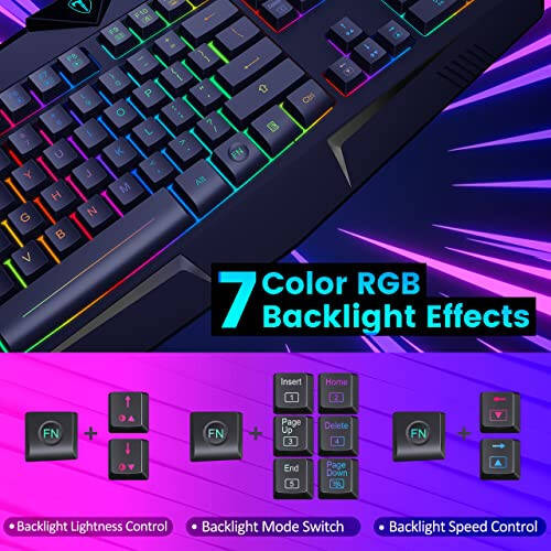 Dacoity Gaming Keyboard, Full Size RGB Backlit Quiet Computer Keyboard, Wrist Rest, Silent Keys, Multimedia Keys, Anti-ghosting, Waterproof Light Up USB Wired Keyboard for PC Mac Xbox Gamer Office - 2