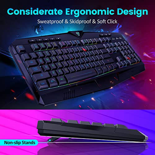 Dacoity Gaming Keyboard, Full Size RGB Backlit Quiet Computer Keyboard, Wrist Rest, Silent Keys, Multimedia Keys, Anti-ghosting, Waterproof Light Up USB Wired Keyboard for PC Mac Xbox Gamer Office - 3