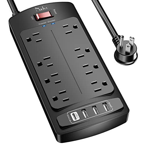 Dalgalanma Koruyucu Priz - Nuetsa Düz Fişli 8 Çıkışlı ve 4 USB Portlu Uzatma Kablosu, 6 Feet Güç Kablosu (1625W/13A), 2700 Joule, ETL Onaylı, Siyah - 1