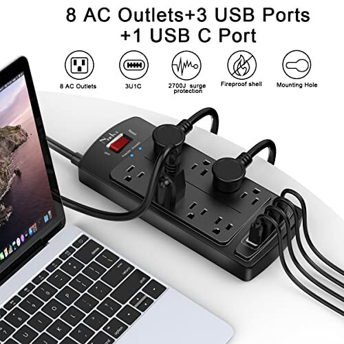 Dalgalanma Koruyucu Priz - Nuetsa Düz Fişli 8 Çıkışlı ve 4 USB Portlu Uzatma Kablosu, 6 Feet Güç Kablosu (1625W/13A), 2700 Joule, ETL Onaylı, Siyah - 2