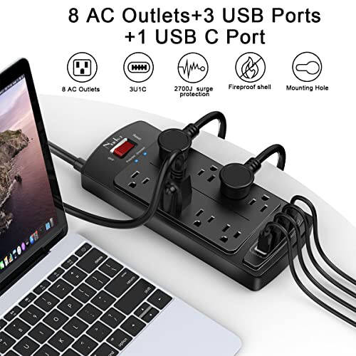 Dalgalanma Koruyucu Priz - Nuetsa Düz Fişli 8 Çıkışlı ve 4 USB Portlu Uzatma Kablosu, 6 Feet Güç Kablosu (1625W/13A), 2700 Joule, ETL Onaylı, Siyah - 2