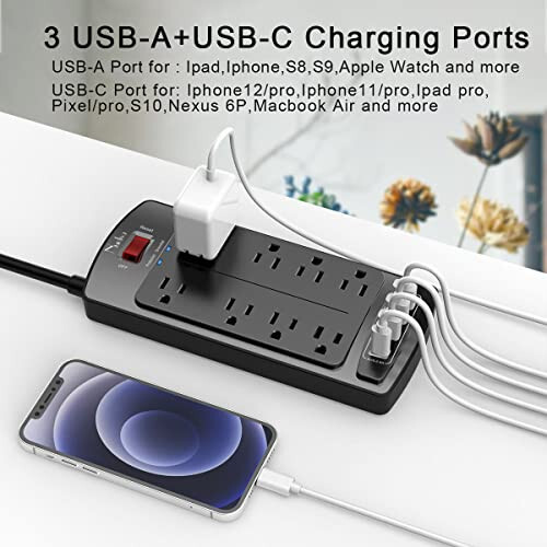 Dalgalanma Koruyucu Priz - Nuetsa Düz Fişli 8 Çıkışlı ve 4 USB Portlu Uzatma Kablosu, 6 Feet Güç Kablosu (1625W/13A), 2700 Joule, ETL Onaylı, Siyah - 4