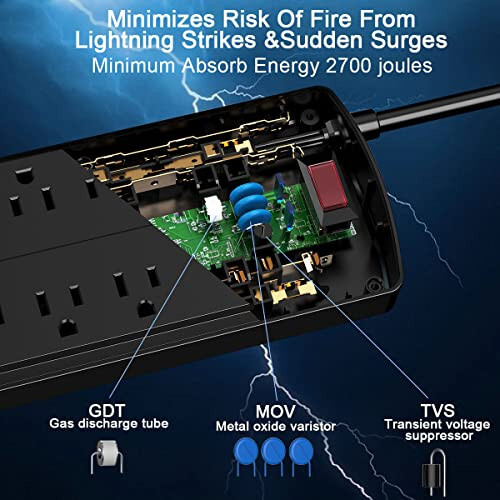 Dalgalanma Koruyucu Priz - Nuetsa Düz Fişli 8 Çıkışlı ve 4 USB Portlu Uzatma Kablosu, 6 Feet Güç Kablosu (1625W/13A), 2700 Joule, ETL Onaylı, Siyah - 5