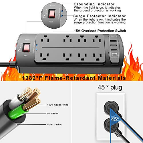 Dalgalanma Koruyucu Priz - Nuetsa Düz Fişli 8 Çıkışlı ve 4 USB Portlu Uzatma Kablosu, 6 Feet Güç Kablosu (1625W/13A), 2700 Joule, ETL Onaylı, Siyah - 6