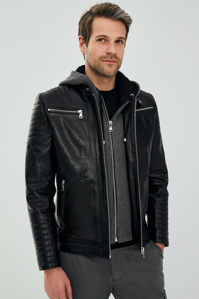 Danger Black Men's Hooded Sport Leather Jacket 23sgd6475ve - 10