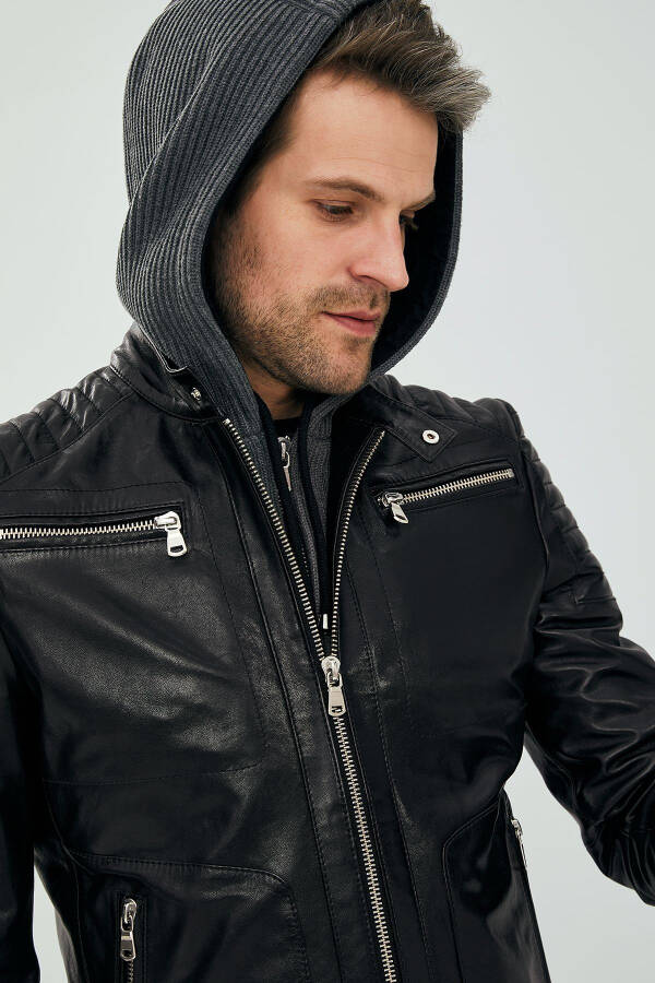 Danger Black Men's Hooded Sport Leather Jacket 23sgd6475ve - 14