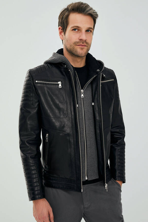 Danger Black Men's Hooded Sport Leather Jacket 23sgd6475ve - 2