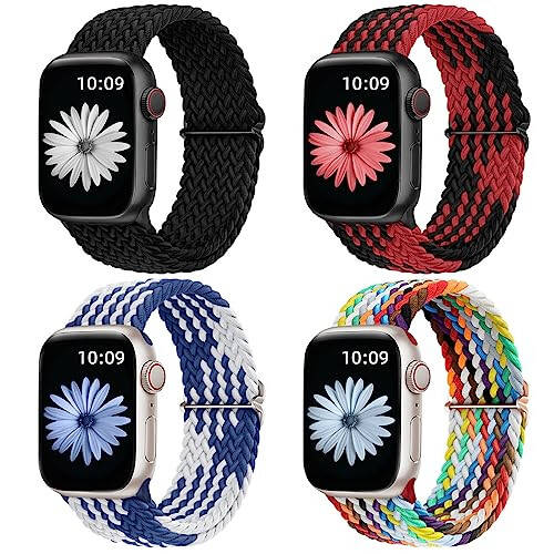 DaQin 4 Pack Braided Solo Loop Compatible with Apple Watch Band 38mm 40mm 41mm 42mm 44mm 45mm 49mm Women Men, Adjustable Stretchy Soft Nylon Strap for iWatch Series 9 8 7 6 5 4 3 2 1 SE Ultra/Ultra 2 - 1