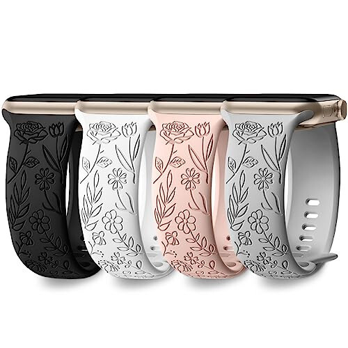 DaQin 4'lü Paket Çiçekli Oymalı Bant Apple Watch Band 38mm 40mm 41mm 42mm 44mm 45mm 49mm Kadın Kız, Sevimli Şık Yumuşak Silikon Spor Kayış Apple Watch Serisi 9 8 7 6 5 4 3 2 1 SE Ultra için - 1