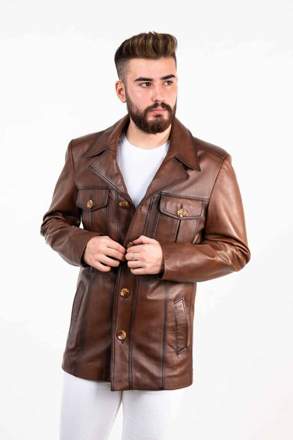 Dark Brown Men's Leather Coat - 3