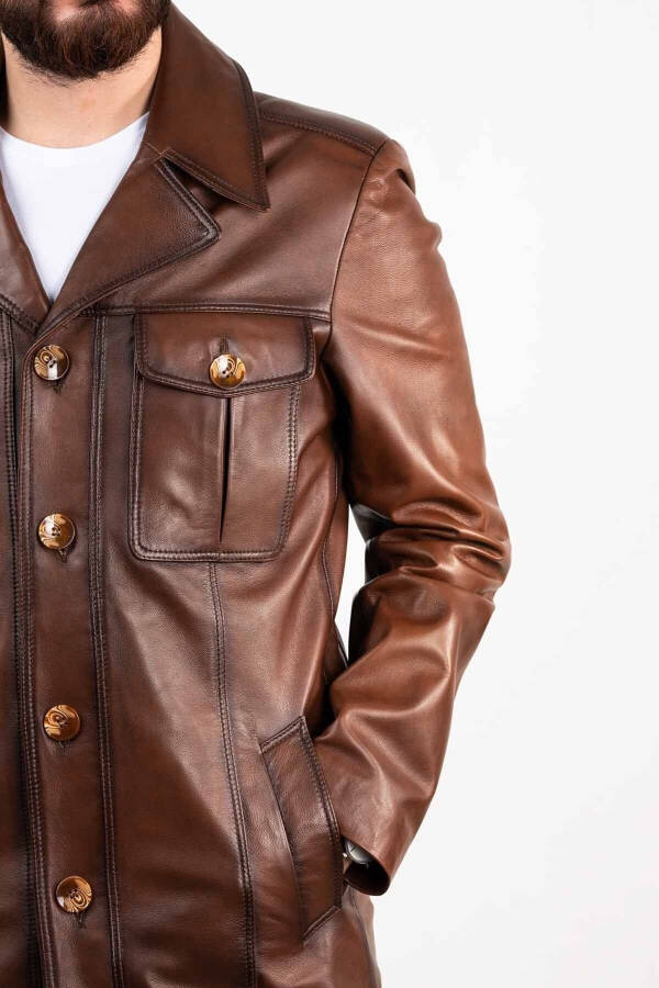 Dark Brown Men's Leather Coat - 4