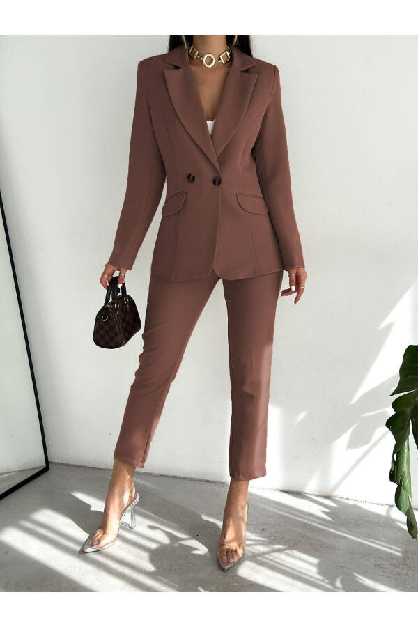 Dark Brown Wrap Blazer Jacket Carrot Pants Suit Dress - 2