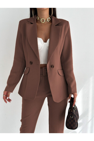 Dark Brown Wrap Blazer Jacket Carrot Pants Suit Dress - 4