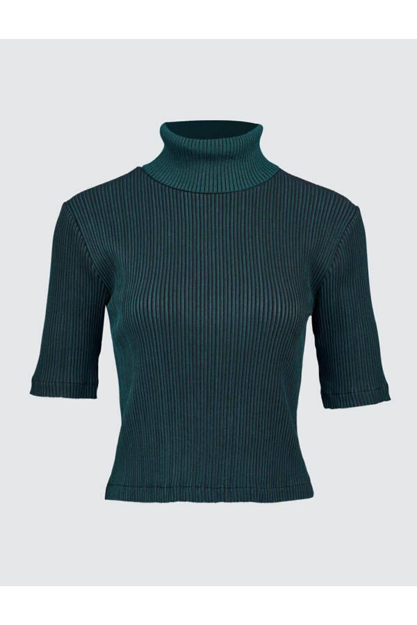 Dark Green Fisherman Neck Short Sleeve Striped Blouse - 5