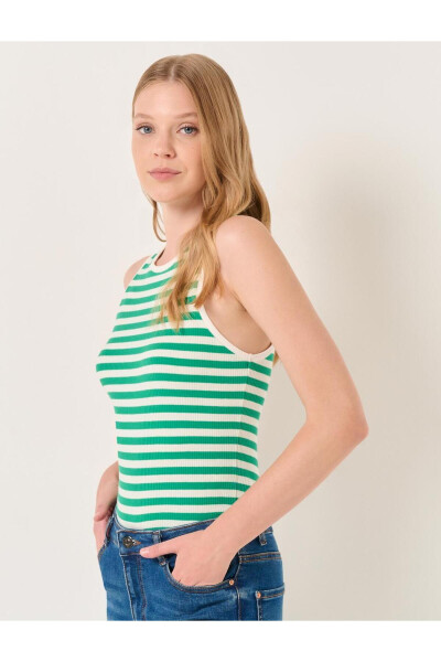 Dark Green Henley Sleeveless Striped Tank Top - 27