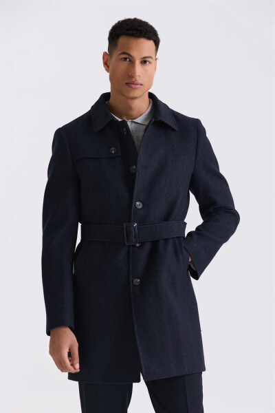 Dark Navy Comfort Fit Barberry Collar Herringbone Pattern Belted Wool Coat - 1