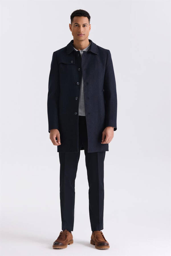 Dark Navy Comfort Fit Barberry Collar Herringbone Pattern Belted Wool Coat - 2