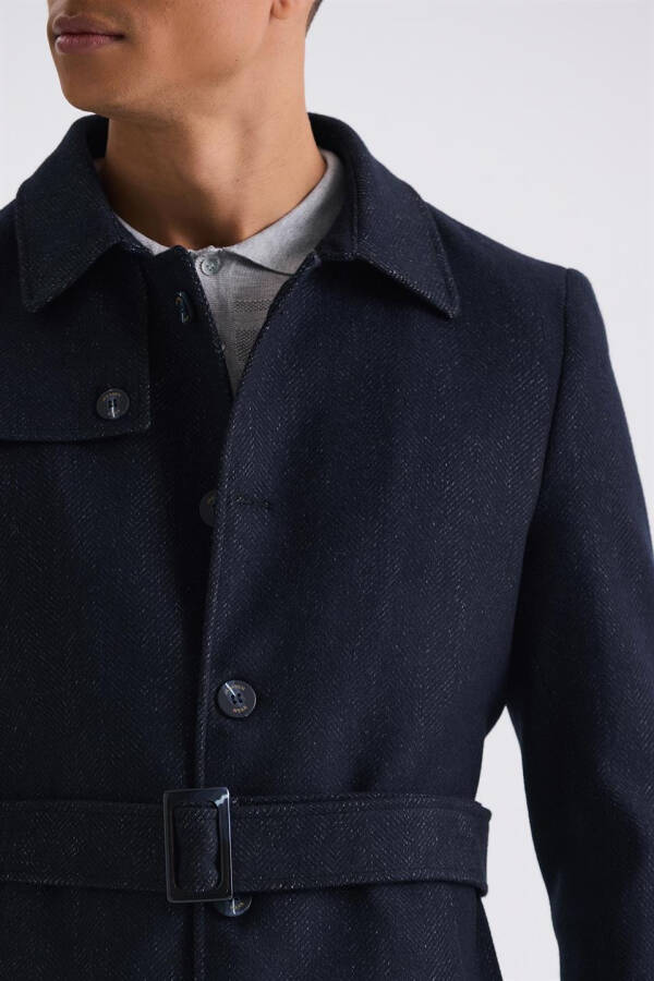 Dark Navy Comfort Fit Barberry Collar Herringbone Pattern Belted Wool Coat - 3