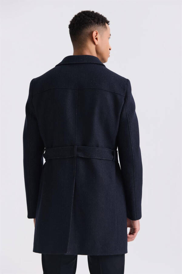 Dark Navy Comfort Fit Barberry Collar Herringbone Pattern Belted Wool Coat - 4