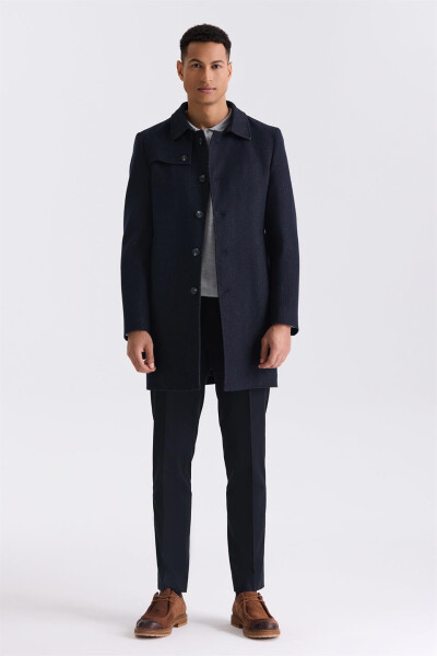 Dark Navy Comfort Fit Barberry Collar Herringbone Pattern Belted Wool Coat - 6