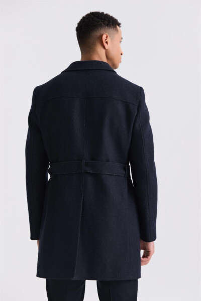 Dark Navy Comfort Fit Barberry Collar Herringbone Pattern Belted Wool Coat - 8