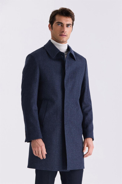 Dark Navy Comfort Fit Berberi Collar Checkered Wool Peacoat - 1