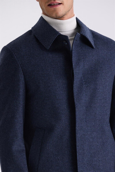 Dark Navy Comfort Fit Berberi Collar Checkered Wool Peacoat - 3