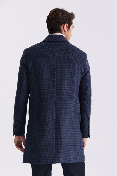 Dark Navy Comfort Fit Berberi Collar Checkered Wool Peacoat - 4