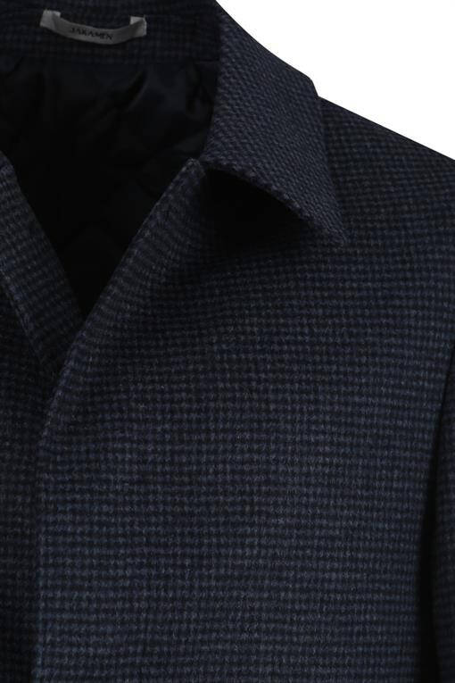 Dark Navy Comfort Fit Berberi Collar Checkered Wool Peacoat - 7