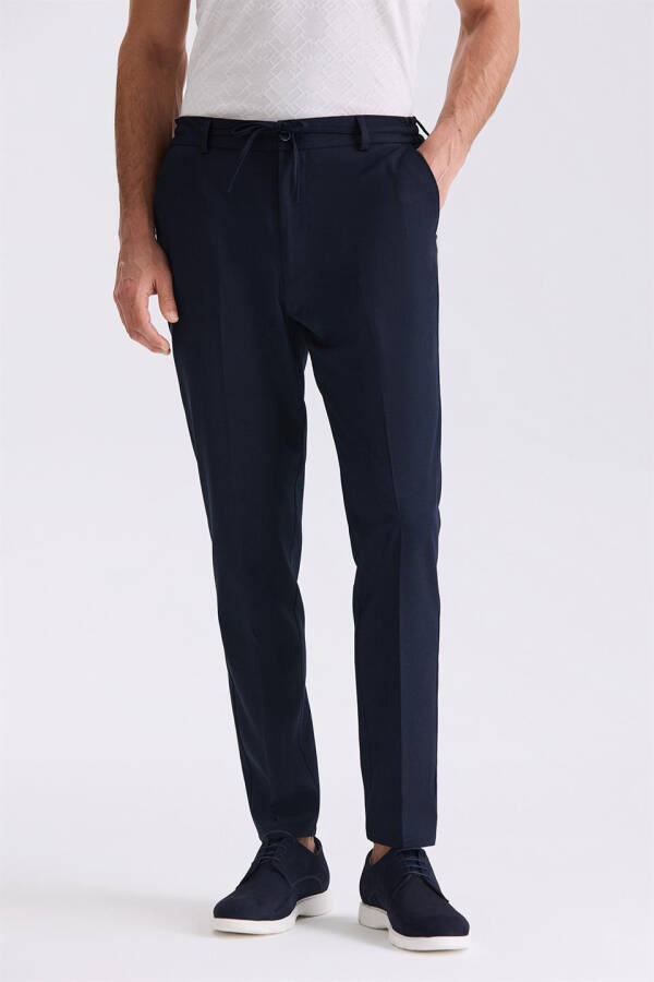 Dark Navy Comfort Fit Elastic Waist Wool Trousers - 1