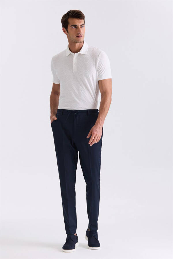 Dark Navy Comfort Fit Elastic Waist Wool Trousers - 6