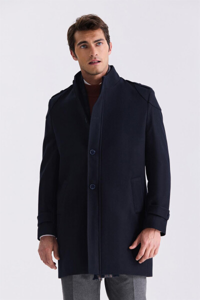 Dark Navy Regular Fit Notch Lapel Epaulet Wool Pea Coat - 1