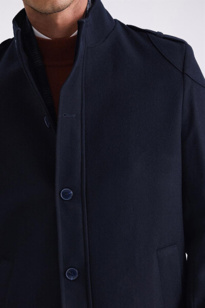 Dark Navy Regular Fit Notch Lapel Epaulet Wool Pea Coat - 3