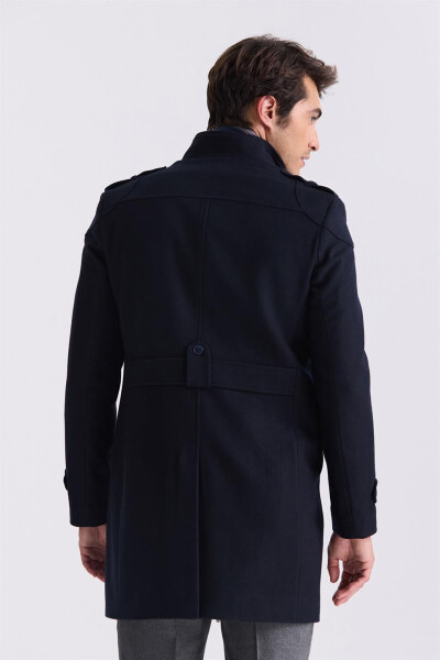 Dark Navy Regular Fit Notch Lapel Epaulet Wool Pea Coat - 4