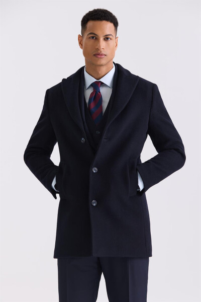 Dark Navy Regular Fit Peak Lapel Side Pocket Wool Coat - 1