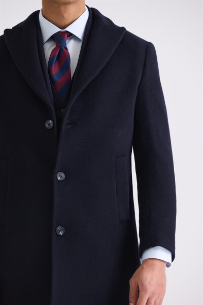 Dark Navy Regular Fit Peak Lapel Side Pocket Wool Coat - 3