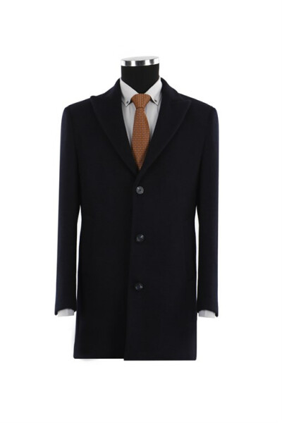 Dark Navy Regular Fit Peak Lapel Side Pocket Wool Coat - 5