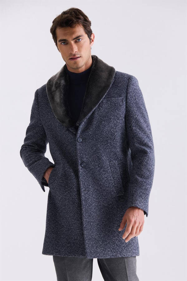 Dark Navy Regular Fit Removable Fur Collar Patterned Wool Coat - 1